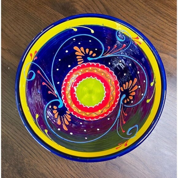 Hand-Painted Ceramic Bowl From Spain With Vibrant Blue Orange & Yellow Patterns - Picture 1 of 14